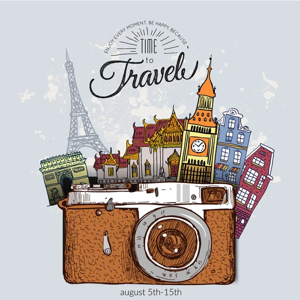 Travel photo background with retro camera — Stock Vector