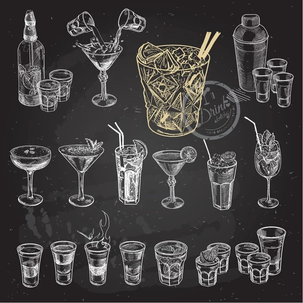 Dibujo dibujado a mano conjunto de cócteles alcohólicos. Ilustración vectorial — Vector de stock