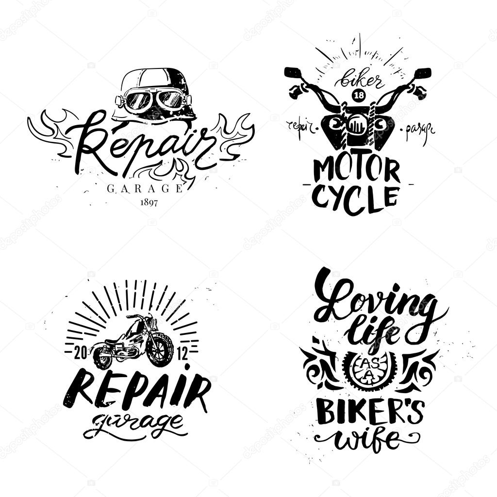 Set of vintage motorcycle emblems, labels, badges, logos and design elements. Monochrome style.