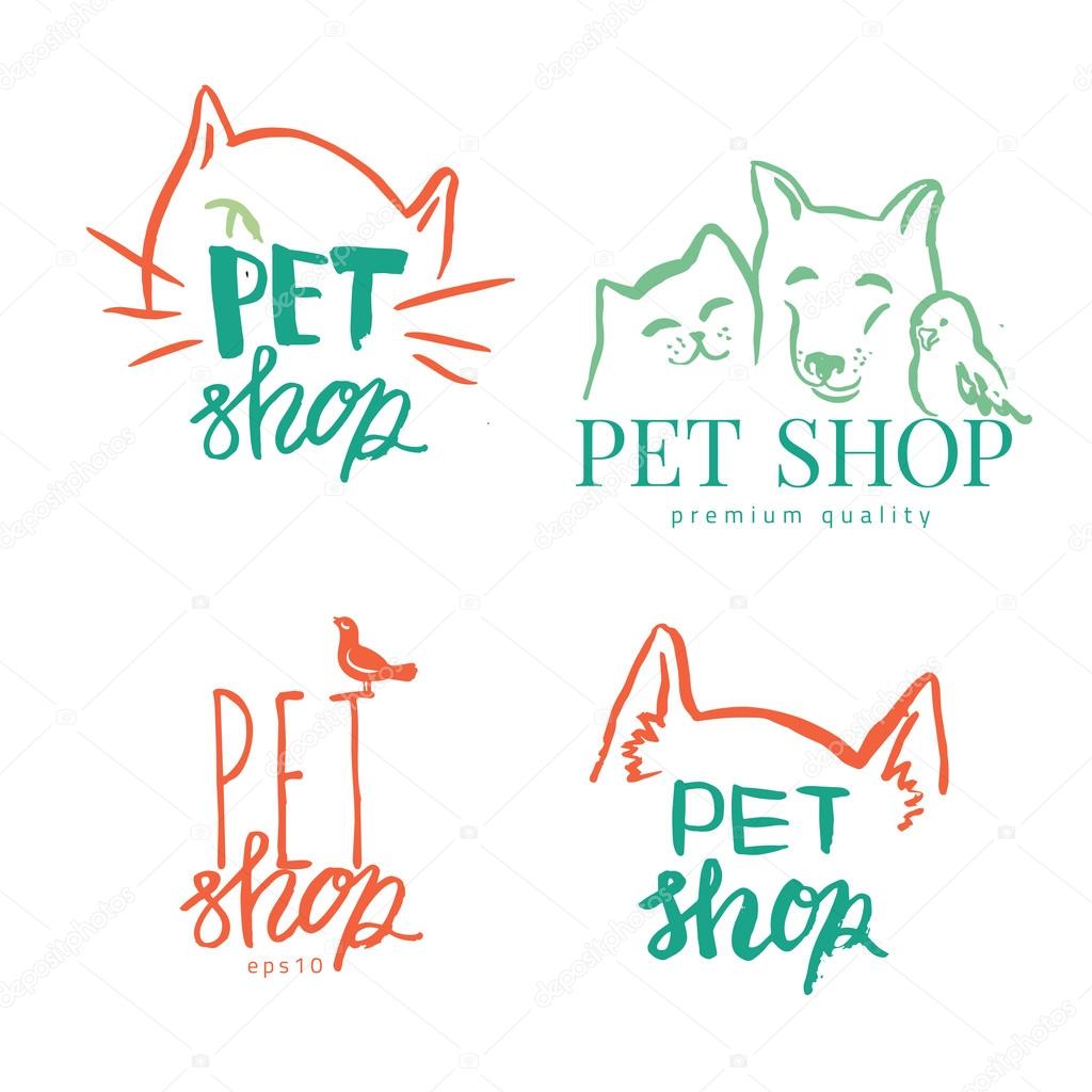 Vector typography illustration of cat and dog. Logo icon design template. Abstract concept for pet shop or veterinary. Hand drawn lettering