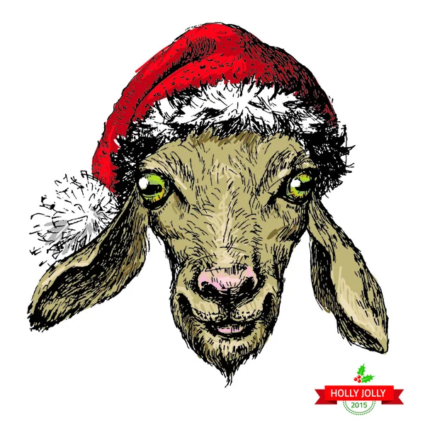 Merry Christmas  card with watercolor portrait of hipster goat. — Stock Vector