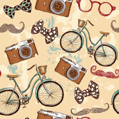 Seamless bicycles and vintage camera pattern clipart