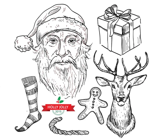 Santa hoofd, hoed, boog, snor — Stockvector