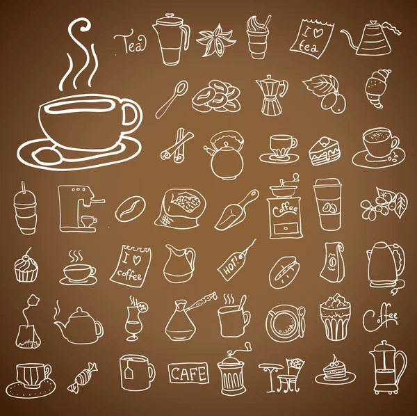 Koffie en thee doodle pictogrammenset — Stockvector