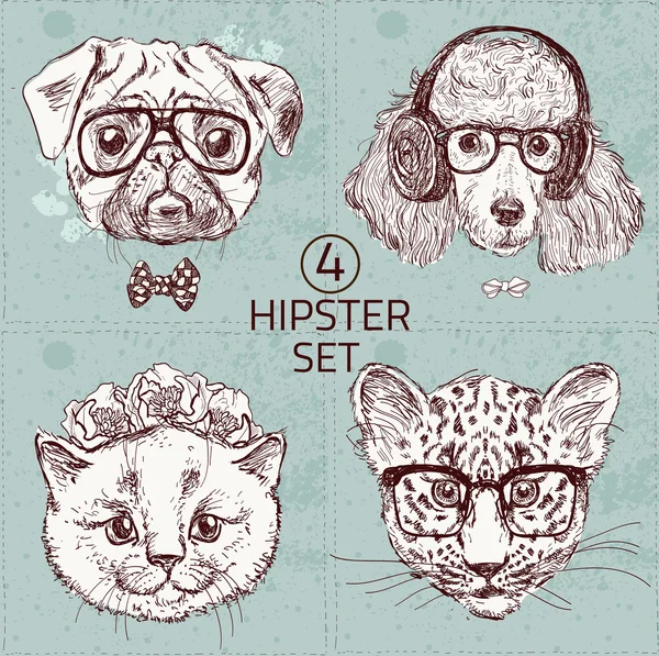 Set de animales Hipster con gafas — Vector de stock