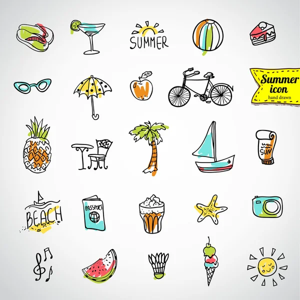 Conjunto de iconos de doodle verano — Vector de stock