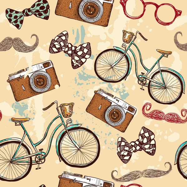 Bicicletas sin costura y patrón de cámara vintage — Vector de stock