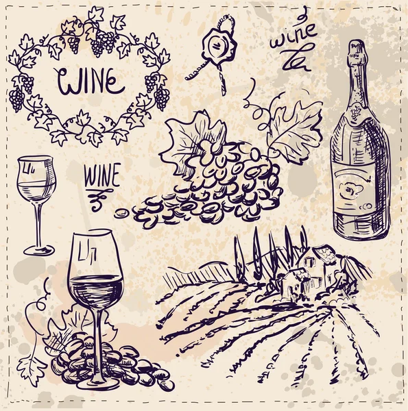 Conjunto de vectores dibujados a mano: vino y vinificación — Vector de stock