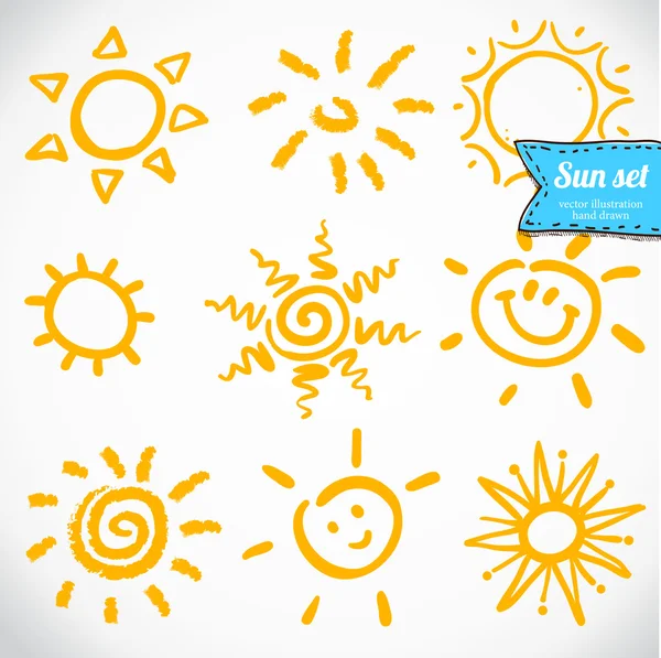 farklı güneş izole kümesi vektör, el çizilen illüstrasyon