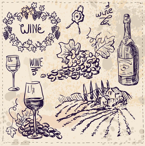Hand drawn vector set - wine and winemaking — Stock Illustration Hand drawn vector set - wine and winemaking Stock Vector