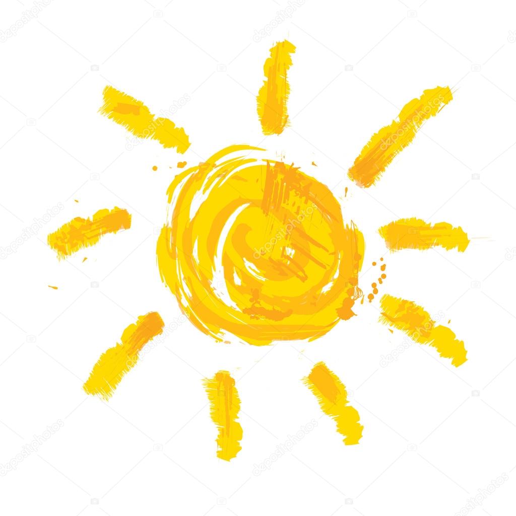 Watercolor sun, rays flat icon closeup silhouette isolated on white background. Art logo design