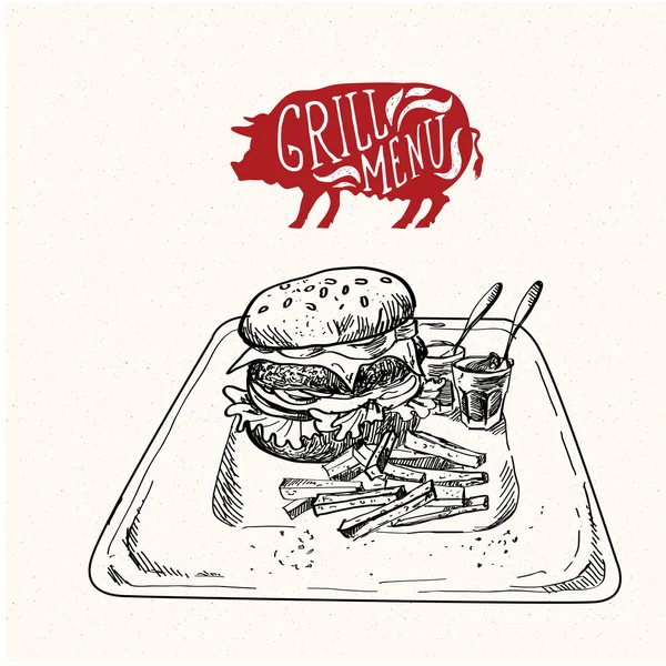 Delicious juicy burger. Sketch illustration — Stock Vector