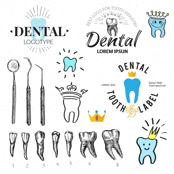 Etiquetas dentárias e ícones definidos. Vetor — Vetor de Stock