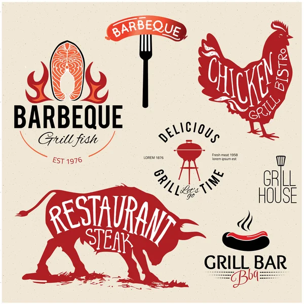 Ilustração Grill Menu Etiquetas Conjunto de em estilo de design plano . —  Vetores de Stock