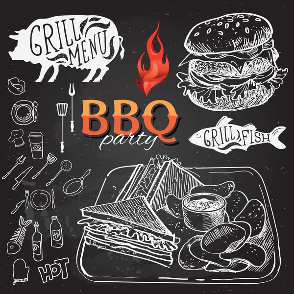 Grill party meghívó. BBQ prospektus menü tervezése. — Stock Vector