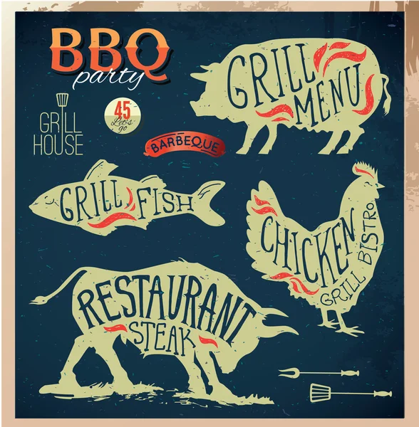 Illustrasjon Grill Menu Etikettsett i Flat Design Style . – stockvektor