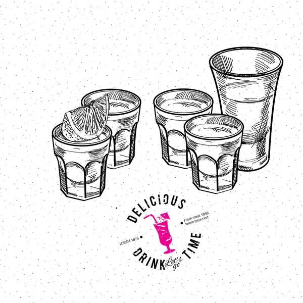 Set de tequila dorado con frutas de lima — Vector de stock