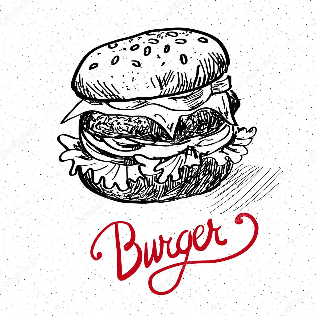 Delicious juicy burger. Sketch illustration