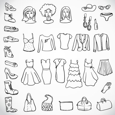 vector silhouettes kümesi: Ayakkabı, mayo ve aksesuarları. simgeler.
