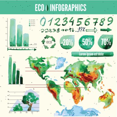 Ekoloji Infographic, vektör çizim, suluboya resim.