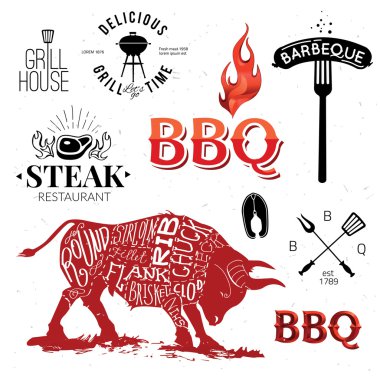 Resimde Grill menü etiketleri kümesi içinde düz tasarım stili.