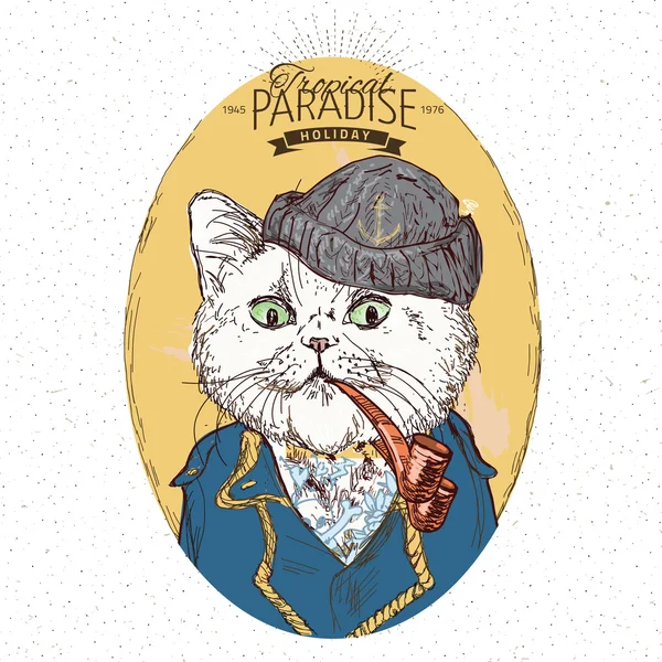 Ilustración de gato pirata a sobre fondo azul en vector — Archivo Imágenes Vectoriales