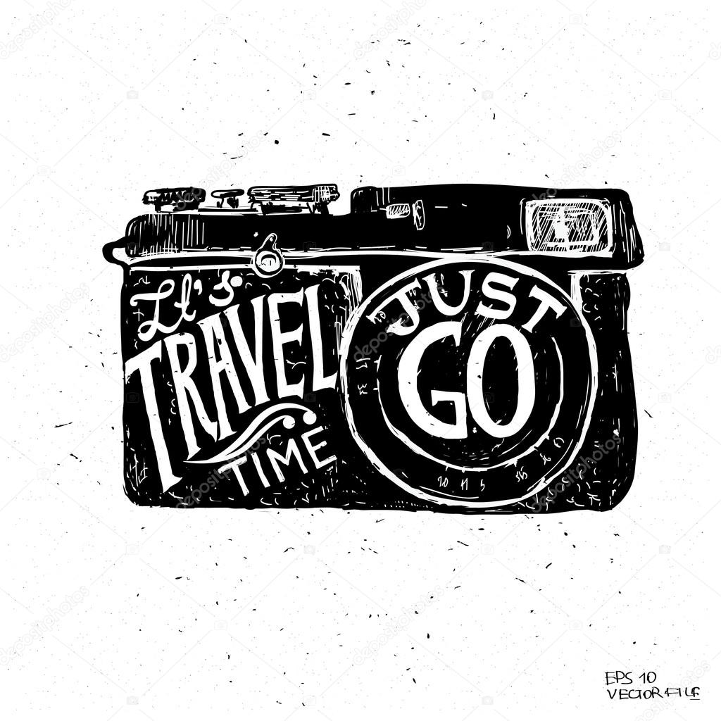 Travel photo background with retro camera and landmarks cards vector illustration