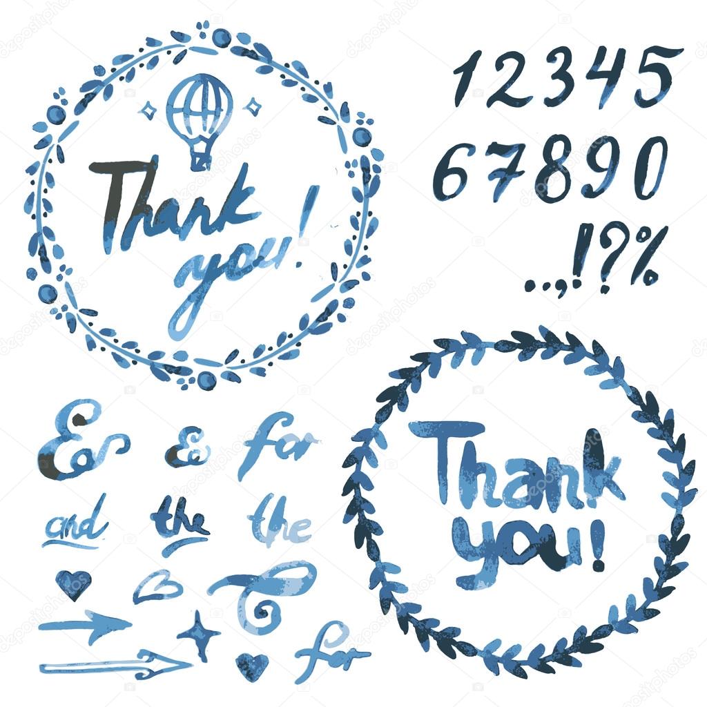 Text thank you on a blue watercolor spots.