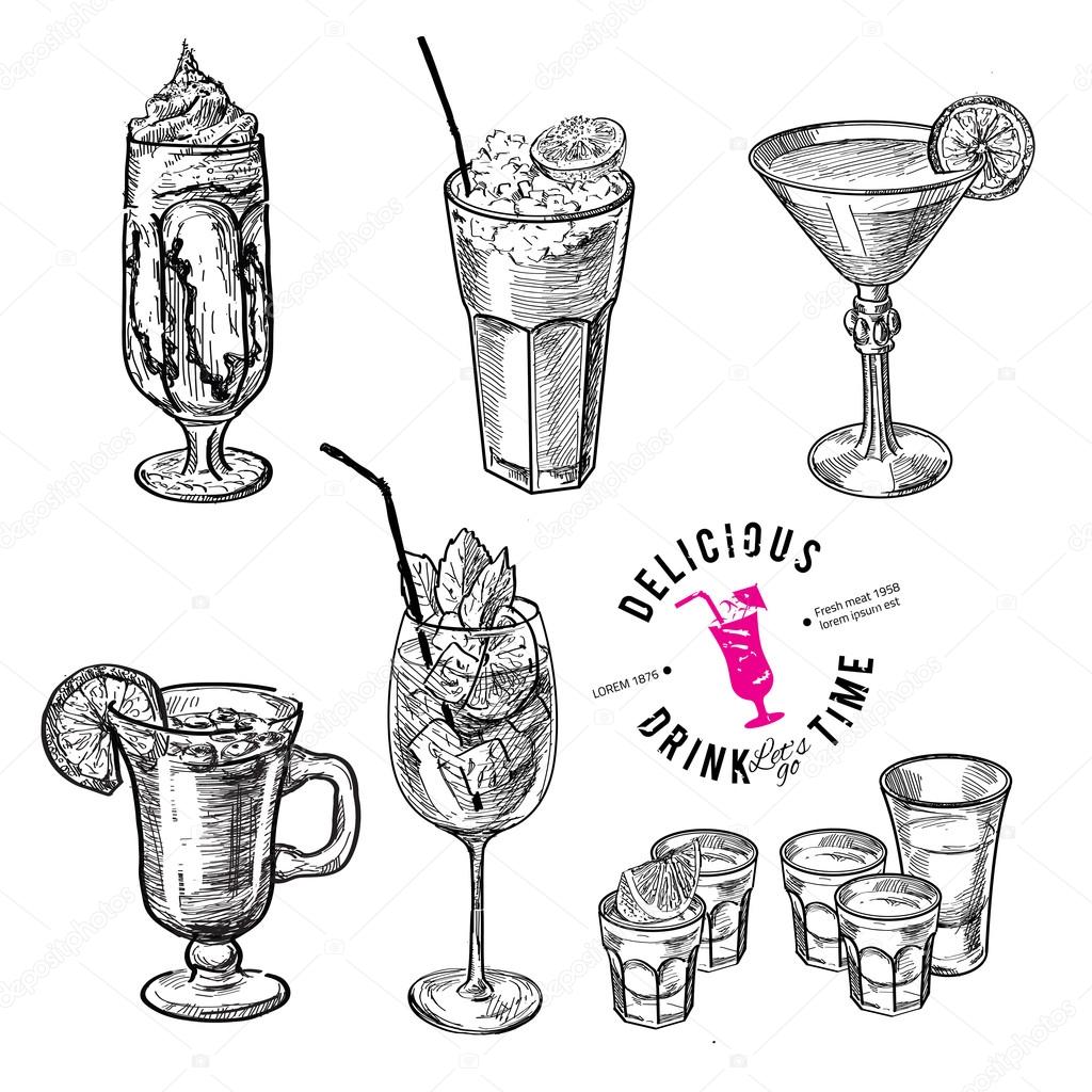 Hand drawn sketch set of alcoholic cocktails. 