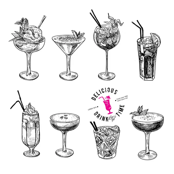 Hand getrokken schets set van alcoholhoudende cocktails. — Stockvector