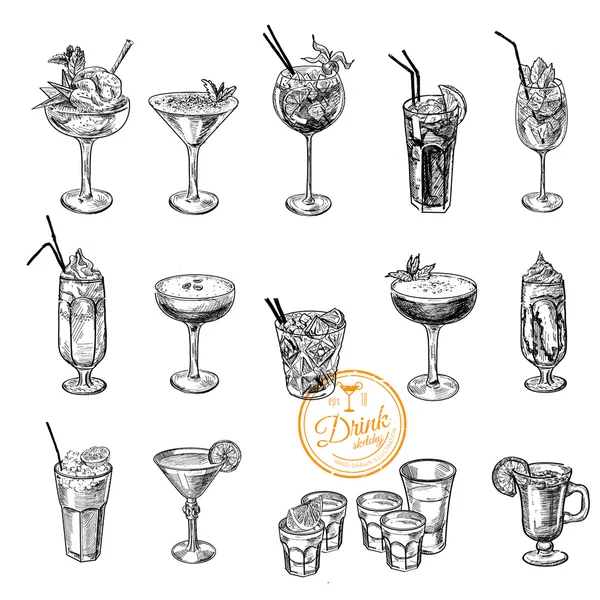 Hand drawn sketch set of alcoholic cocktails. — Stock Photo, Image