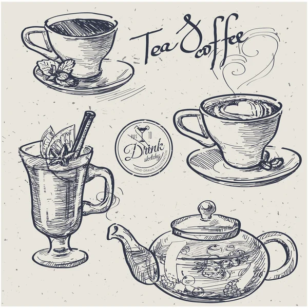 Kopje koffie, thee, mok, theepot. Hand getekende illustratie — Stockvector