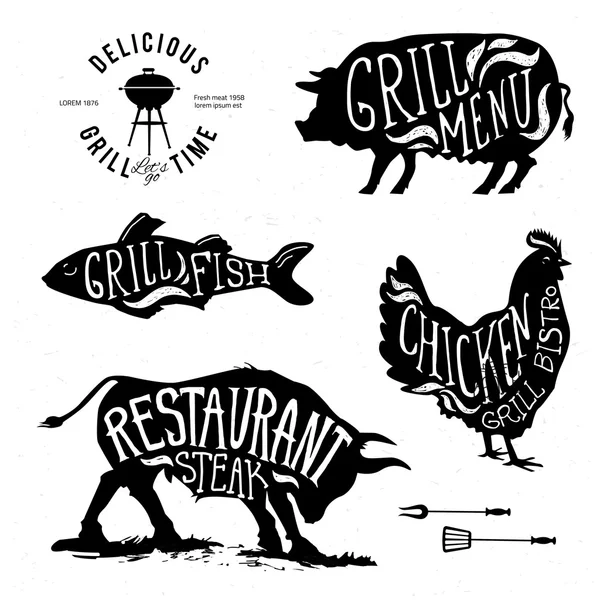 Resimde Grill menü etiketleri kümesi içinde düz tasarım stili. — Stok Vektör