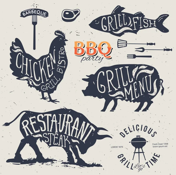 Ilustracja Grill Menu etykiety zestaw w stylu Płaska konstrukcja. — Wektor stockowy