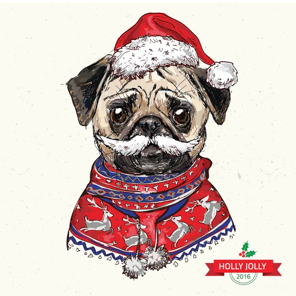 Illustrazione vintage del cane carlino hipster Santa — Vettoriale Stock