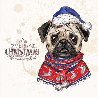 pug Noel ile vektör el çekilmiş