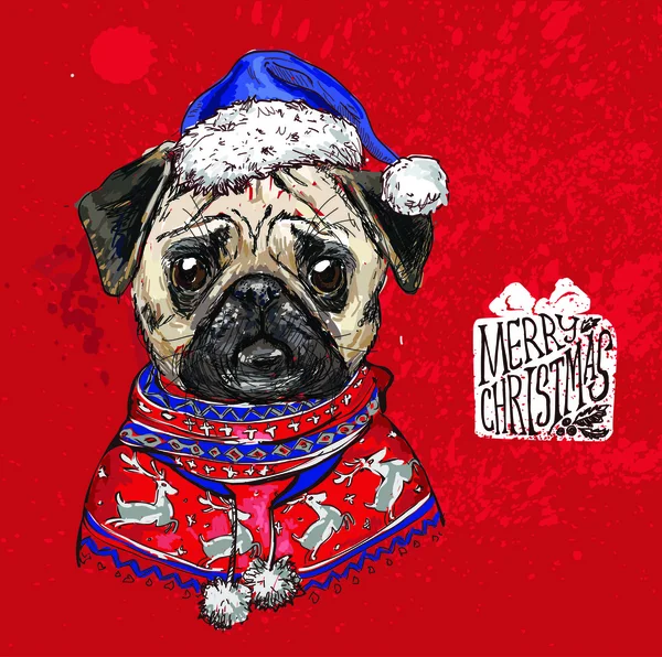 Vector dibujado a mano de pug con navidad — Vector de stock