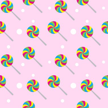 Pembe arkaplandaki girdap lolipop pürüzsüz desen. Cadılar bayramı, Noel veya yeni yıl arkaplanı için renkli vektör çizimi