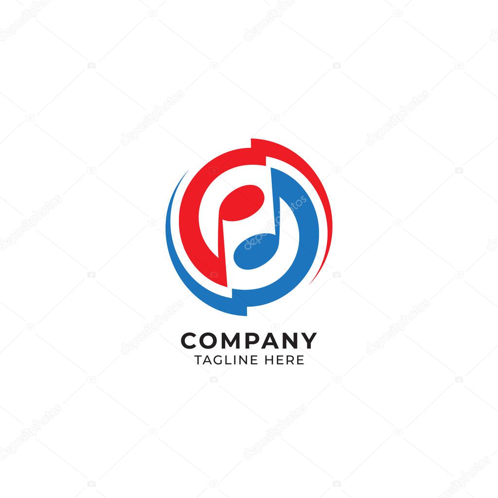 Circular thunder musical note logo design template. Red and blue Yin yang logo concept. Vector illustration isolated on white color background