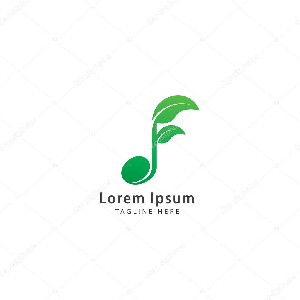 Green musical note with leaf vector illustration. Seed Sprout, Growth, Growing, Harmony, music and nature logo concept. Company logo design template isolated on white color background.