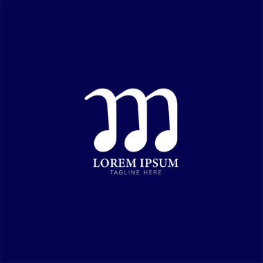 M harfi Alfabe Müzik Logosu Tasarımı. İlk ve Müzikal Not logosu kavramı Donanma Mavi Arkaplanı 'nda izole edildi.
