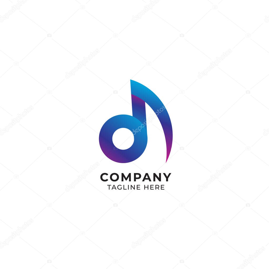 Letter D Alphabet Music Logo Design. Initial and Musical Note logo concept isolated on white background. Blue Purple Magenta Multicolor Gradient.