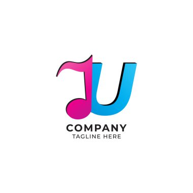 Renkli Harf U Alfabesi Müzik Logosu Tasarımı Beyaz Arkaplanda İzole Edildi. Baş ve Müzikal Not Logosu Konsepti. Pembe Magenta, Mavi Renk Teması. Monogram Harf Logotype