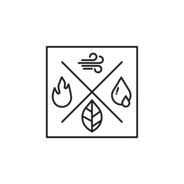 Monoline Çevre Tasarım şablonu beyaz renkli arkaplanda izole edildi. Hayatın dört elementinin vektör çizimi. Toprak, su, ateş ve hava. Logo, tişört ve diğer mallar için uygun