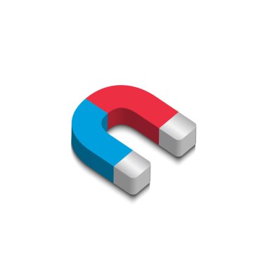 u şekil mıknatısının beyaz arkaplanda izole edilmiş 3 boyutlu vektör çizimi. Grafik Biçimi dahil. Tasarım elemanları. Kırmızı renk, mavi ve gümüş.. 