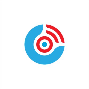 Kablosuz sinyalli C harfi alfabesi. Kafasında beyin dalgası enerjisi olan mutlu bir insan. Kablosuz ağ teknolojisi logo tasarım şablonu. Renk kimliği olarak Açık Mavi ve Kırmızı. 