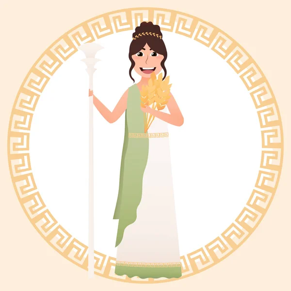 Grèce déesse de la récolte et des céréales - Demeter, jolie fille en costume grec antique, tenant du blé, méandre — Image vectorielle
