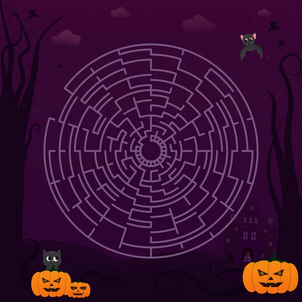 Söt cirkel labyrint för barn i halloween stil för barn böcker, kusligt pussel, hjälp att hitta rätt väg — Stock vektor
