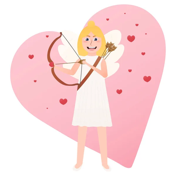 Adorable petit Cupidon tenant arc et flèche, personnage de dessin animé chasseur d'amur, mascotte de Saint Valentin, ange de l'amour — Image vectorielle