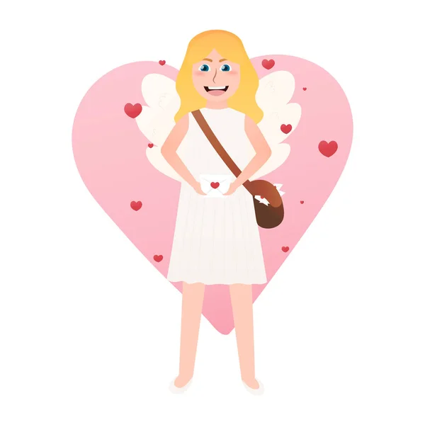 Little blonde girl holding love letter with wings, adorable cupid for valentine day, angel of love, amour mascot — Stock Vector